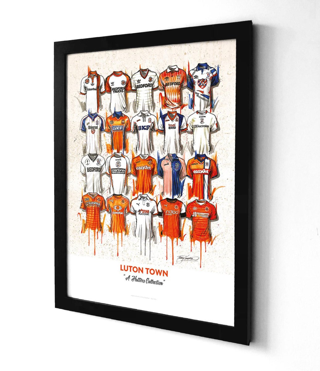 Limited edition signed A2 print of Luton Town FC artwork by Terry Kneeshaw Art, featuring team logo and vibrant design.
