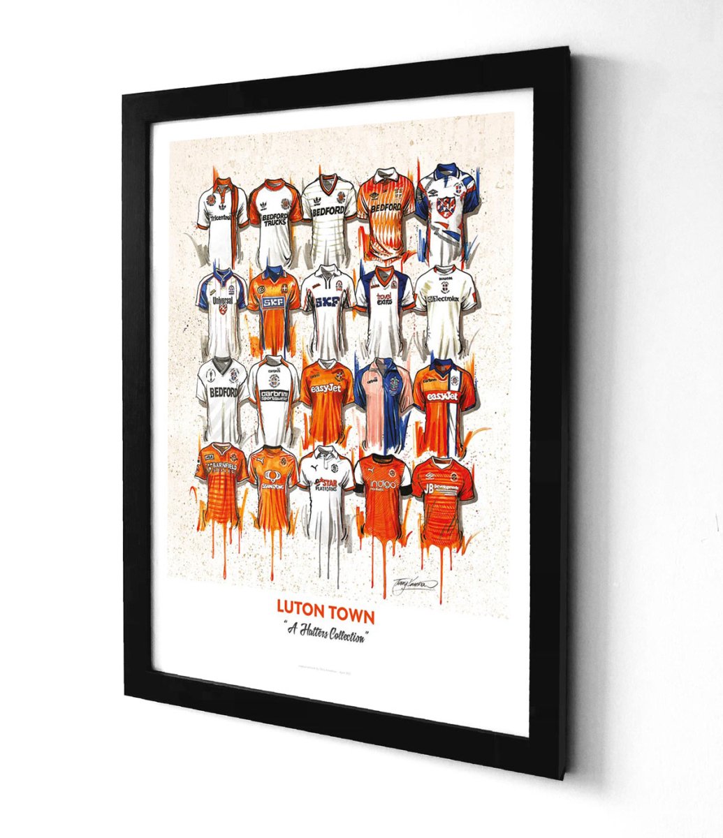 Limited edition A2 signed print of Luton Town FC artwork by Terry Kneeshaw, featuring team logo and vibrant design.
