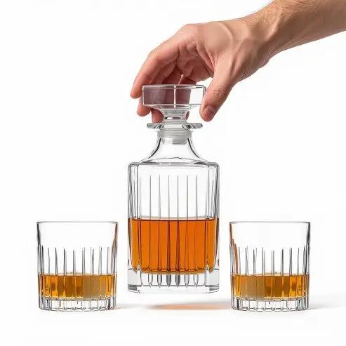 Broadway 3-piece whisky decanter set with matching glasses in a gift box, crafted by Glassware UK for elegant whisky presentation.
