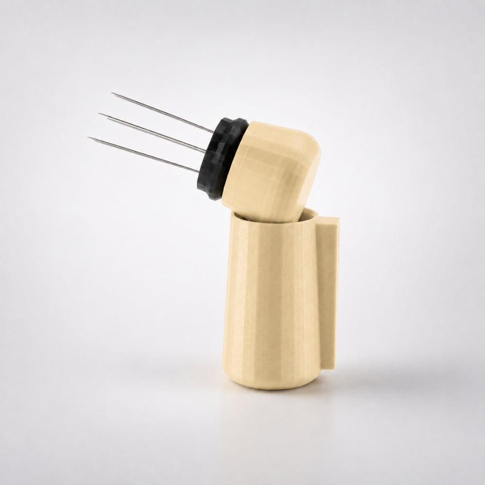 KNOCDIC® WDT tool with magnetic holder in desert tan, featuring a precision tip for wine decanting and sediment separation.