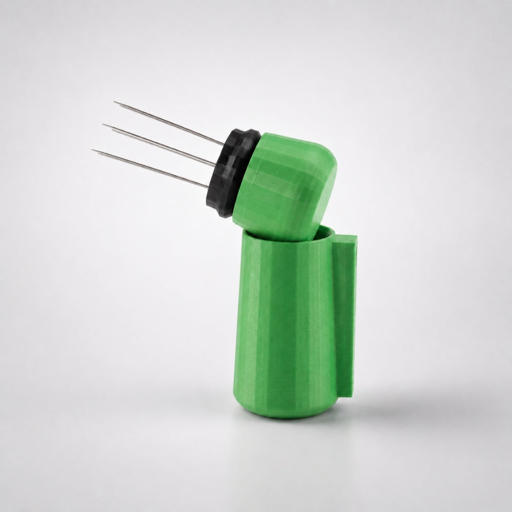 KNOCDIC® magnetic WDT tool in grass green with magnetic holder for ceramic and glaze testing, detailed close-up.