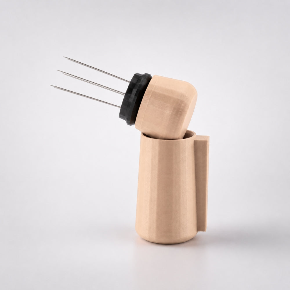 KNOCDIC® magnetic WDT tool in latte brown with a sturdy holder, designed for precise wine decanting and sediment removal.