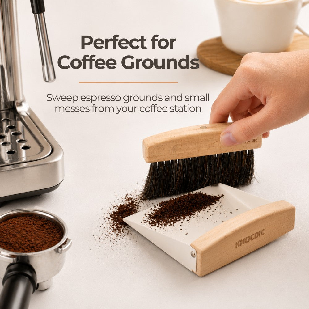 KNOCDIC® magnetic dustpan and horsehair brush in use, showing a sturdy cleaning tool for sweeping up dust and debris.