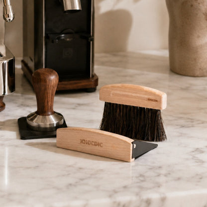 KNOCDIC® Magnetic dustpan and horsehair brush set, shown in a clean household setting for sweeping and cleaning floors.