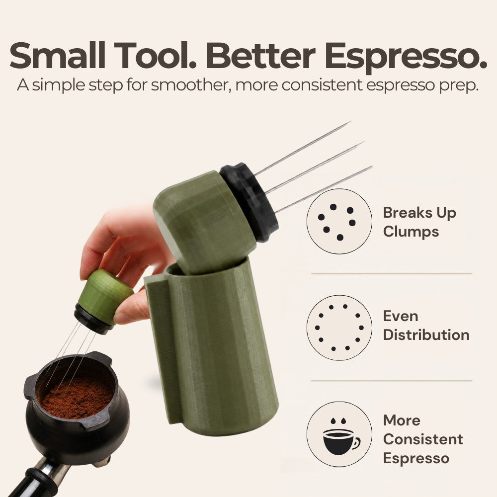 KNOCDIC® WDT Tool with magnetic holder for precise coffee tamping, shown on a coffee espresso setup.