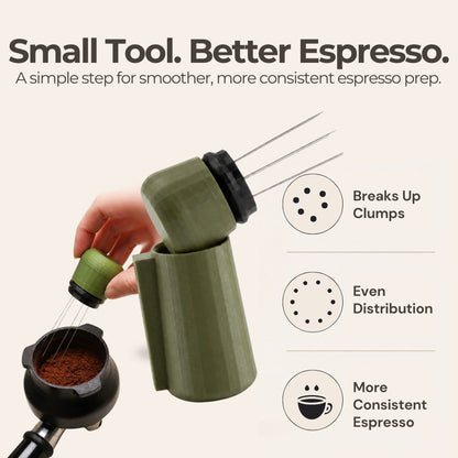 KNOCDIC® WDT Tool with magnetic holder for precise coffee tamping, shown on a coffee espresso setup.