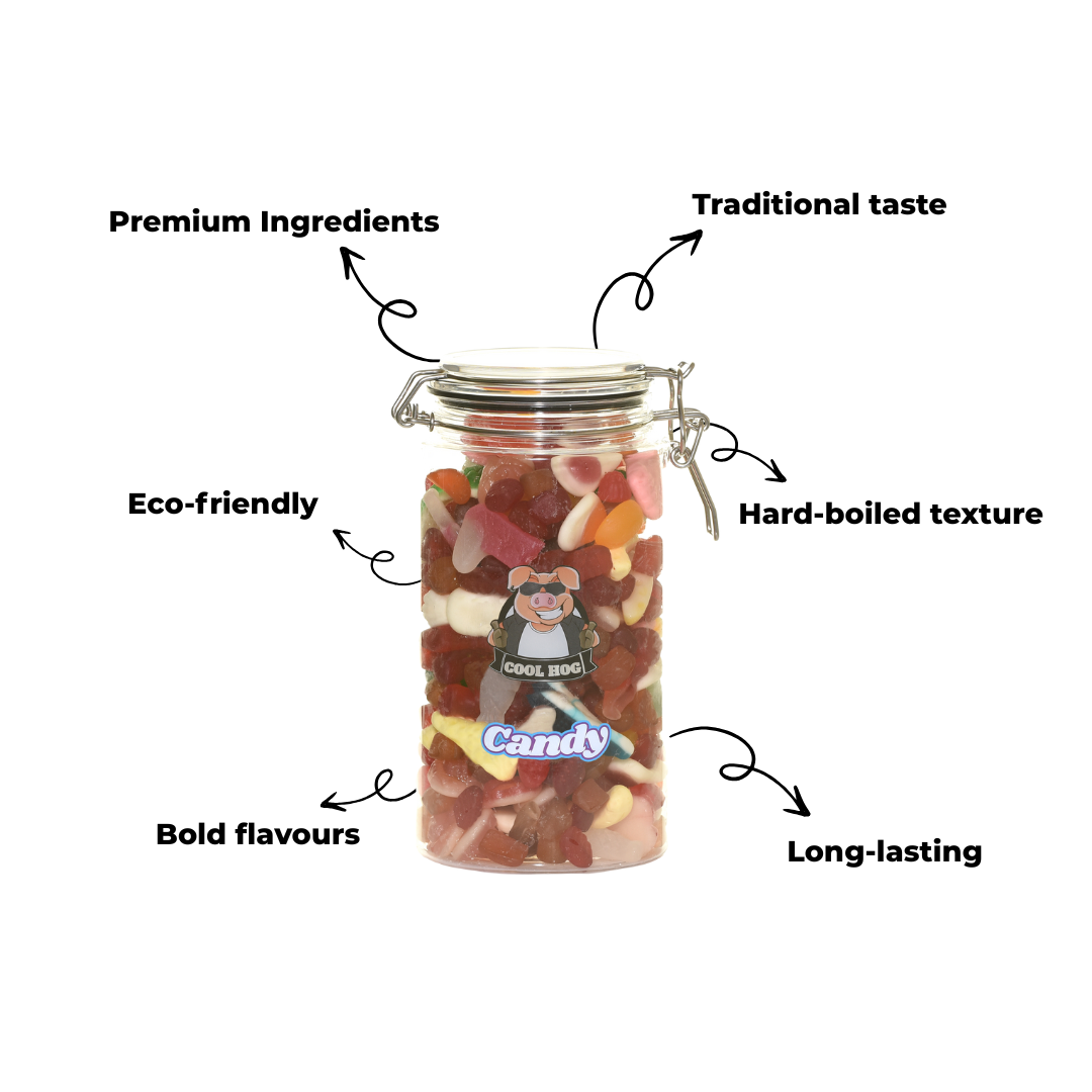 Colorful rainbow jelly candies in a clear gifting jar from Cool Hog Snacks, perfect for sweet treat gifts or snacking.