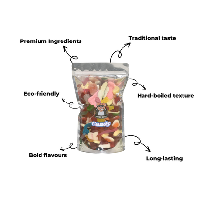 Colorful rainbow jelly mix candy in a resealable 1kg bag from Cool Hog Snacks, showing vibrant, fruity jelly pieces.