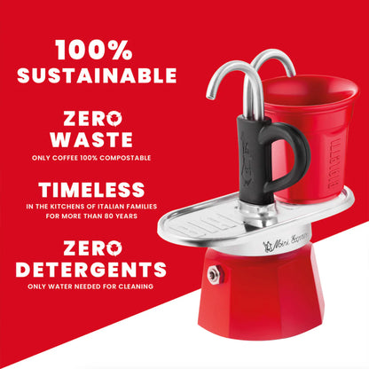 Bialetti Mini Express 'R' double serve coffee maker brewing fresh Italian coffee with two cups in a stylish Bialetti hardware design.
