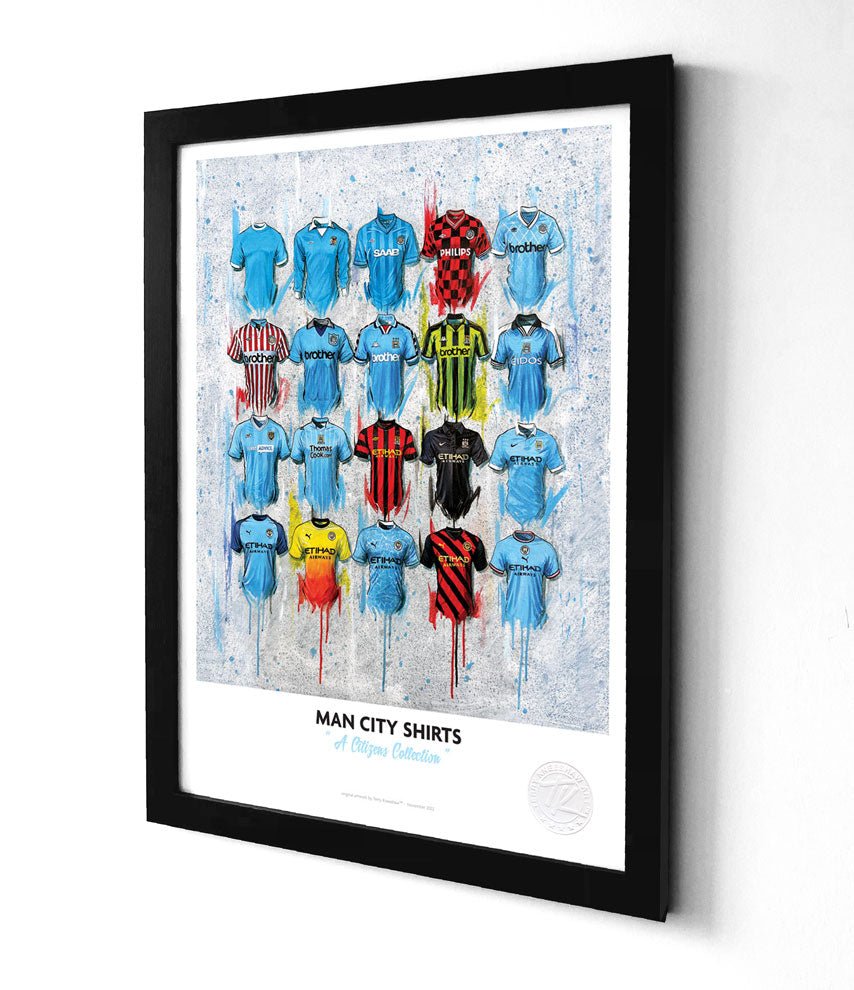 Limited edition Manchester City 2022 A3 wall art print by Terry Kneeshaw featuring a City football shirt design.