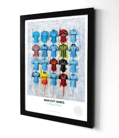Limited edition Manchester City 2022 A3 wall art print by Terry Kneeshaw featuring a City football shirt design.