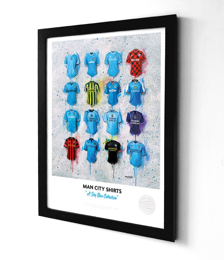 Limited edition Manchester City A3 framed print featuring iconic Sky Blues shirts, created by Terry Kneeshaw Art.