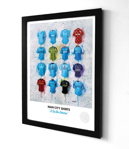Limited edition Manchester City A3 framed print featuring iconic Sky Blues shirts, created by Terry Kneeshaw Art.