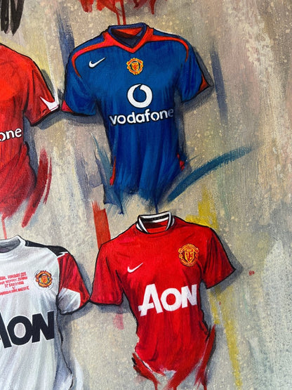 Manchester United FC signed limited edition print by Terry Kneeshaw Art, featuring iconic team imagery on A2 size paper.