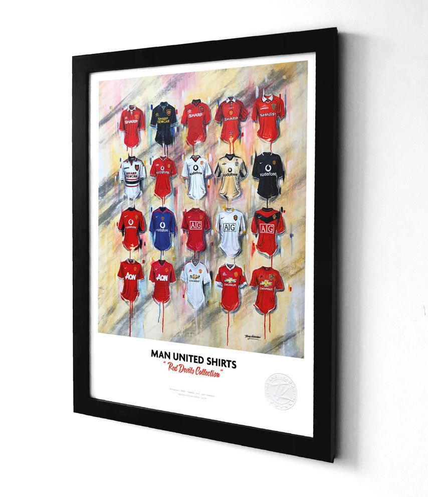 Limited edition Manchester United FC shirt print by Terry Kneeshaw Art in A3 size, featuring iconic team imagery and club colors.