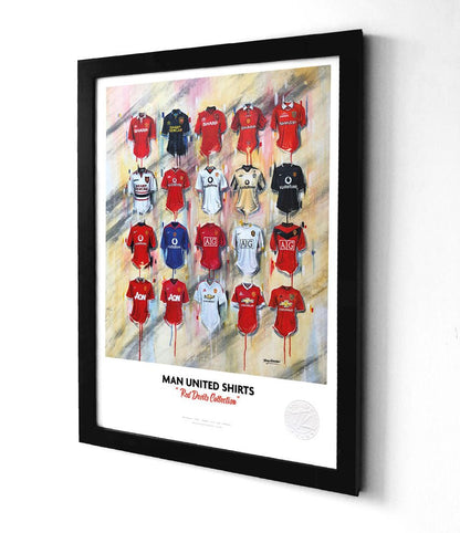 Limited edition Manchester United FC shirt print by Terry Kneeshaw Art in A3 size, featuring iconic team imagery and club colors.