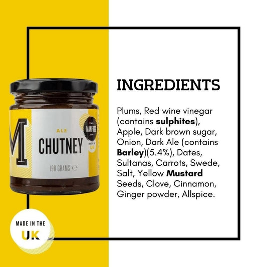 Manfood Traditional Ale Chutney jar with ingredients including ale, herbs, and spices on a wooden surface.