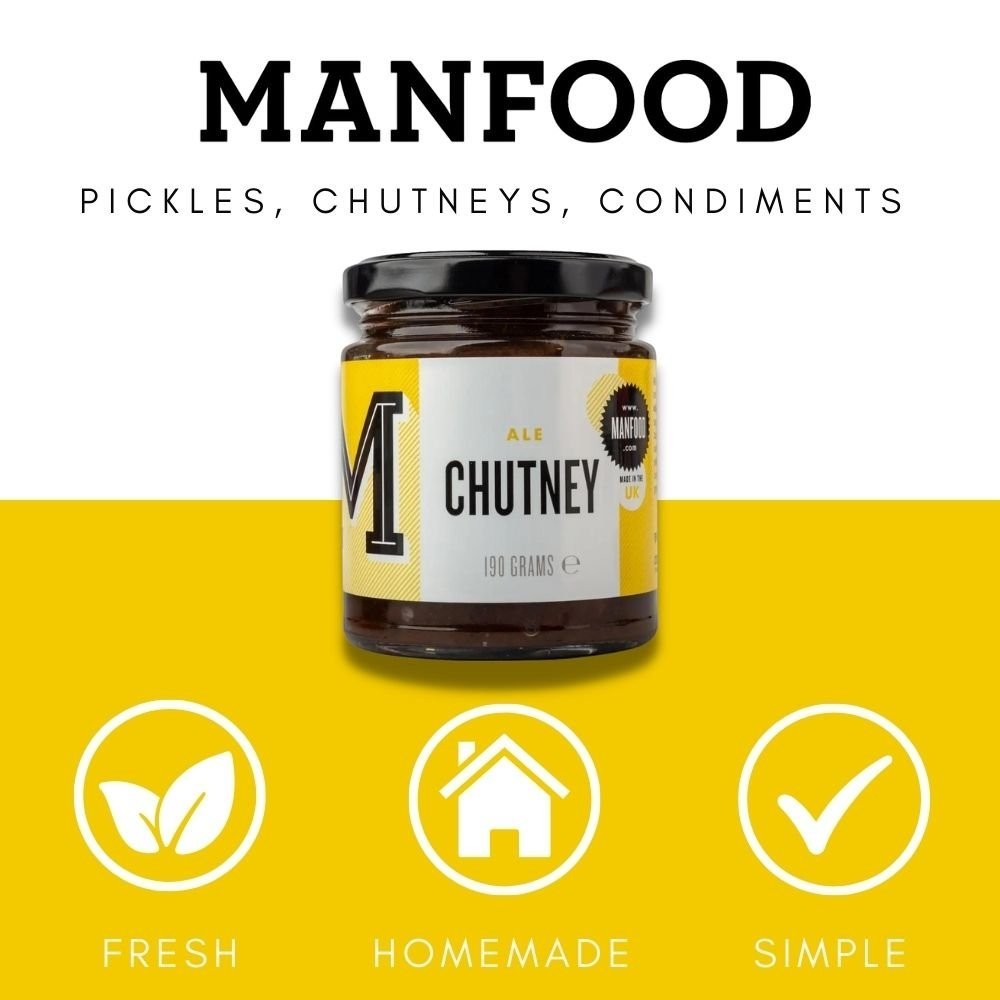 Jar of Manfood Traditional Ale Chutney featuring a label and lid, showcasing a rich, flavorful condiment in a glass jar.