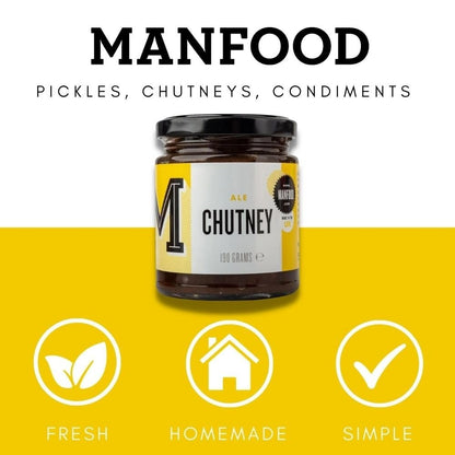 Jar of Manfood Traditional Ale Chutney featuring a label and lid, showcasing a rich, flavorful condiment in a glass jar.