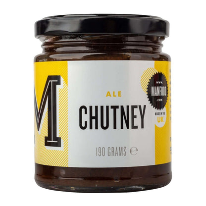 Jar of Manfood Traditional Ale Chutney with a label showing the Manfood brand and a close-up of the chutney inside
