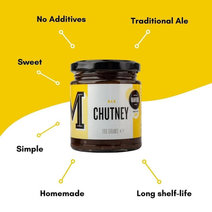Jar of Manfood Traditional Ale Chutney with visible label, showcasing a rich, dark chutney inside a glass jar.