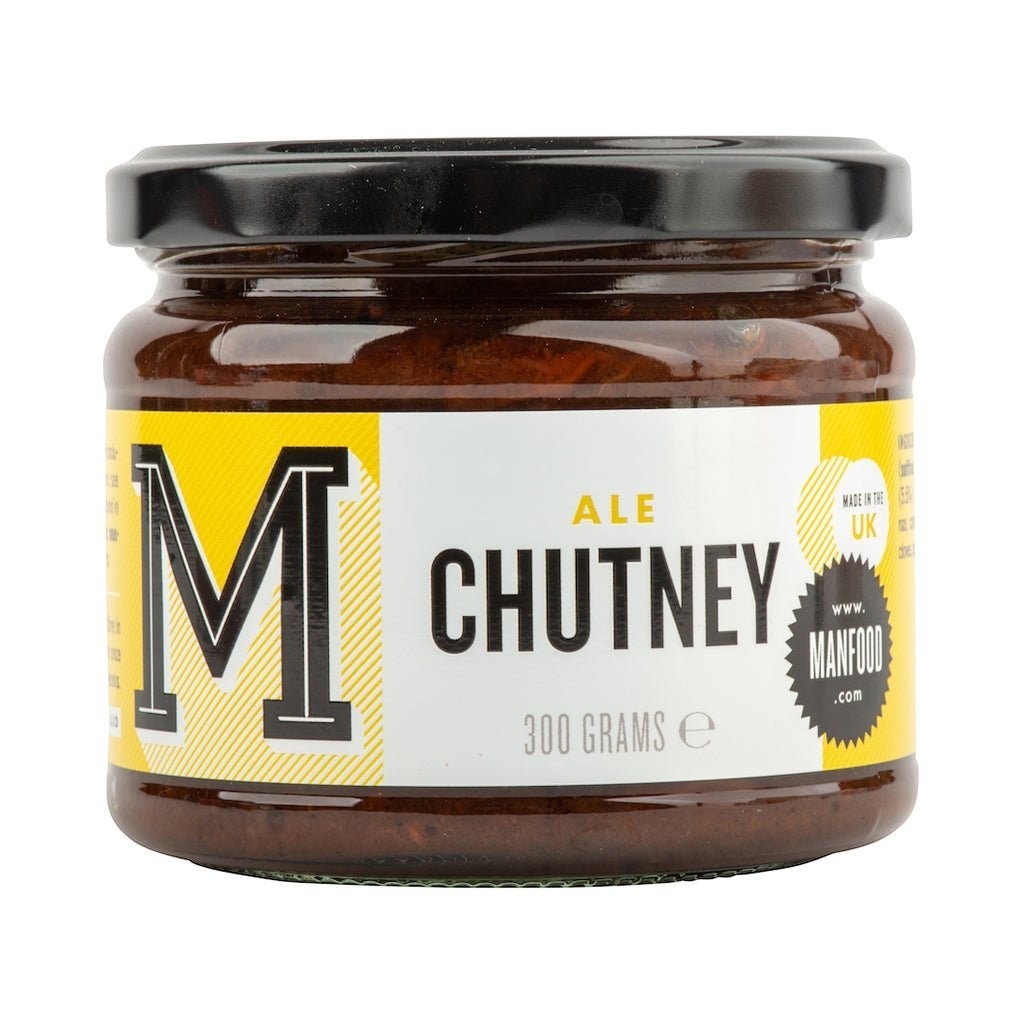 Manfood Traditional Ale Chutney jar showing rich, dark chutney with a textured surface and label on the glass jar.