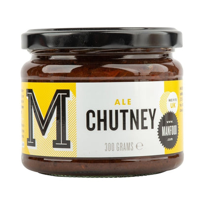 Manfood Traditional Ale Chutney jar showing rich, dark chutney with a textured surface and label on the glass jar.