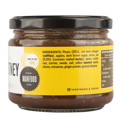 Manfood Traditional Ale Chutney jar showing rich, dark chutney with a label, highlighting the authentic flavor and packaging.