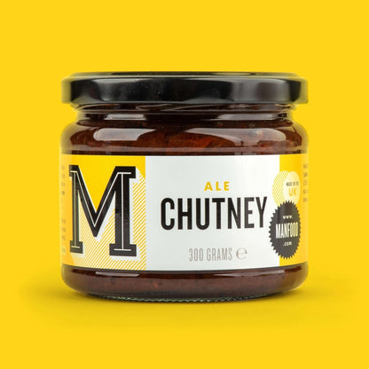 Jar of Manfood Traditional Ale Chutney showing a glass jar with dark ale chutney and a label with the Manfood brand name.
