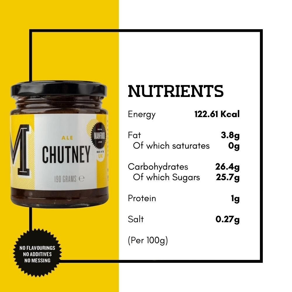 Manfood Traditional Ale Chutney nutritional label showing ingredients and nutritional information on the packaging.