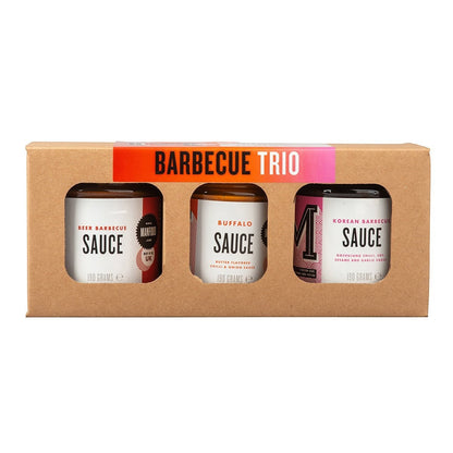 Manfood  BBQ Trio gift box containing three 190g jars of Beer, Buffalo, and Korean barbecue sauces.