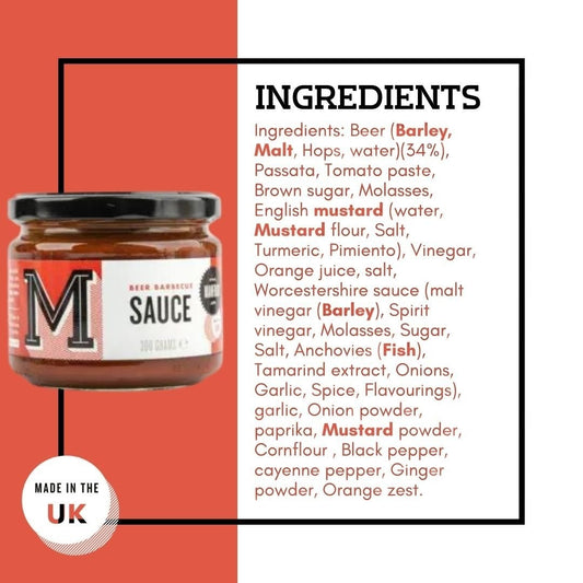 Manfood Beer Barbecue Sauce bottle with ingredients including beer, spices, and tomato base, showcasing the flavorful sauce.