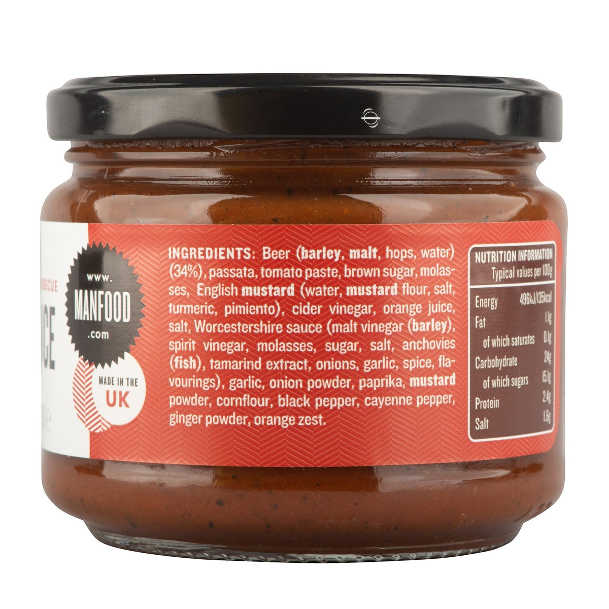 Bottle of Manfood Beer Barbecue Sauce with label featuring bold graphics and branding, ready for grilling or topping dishes