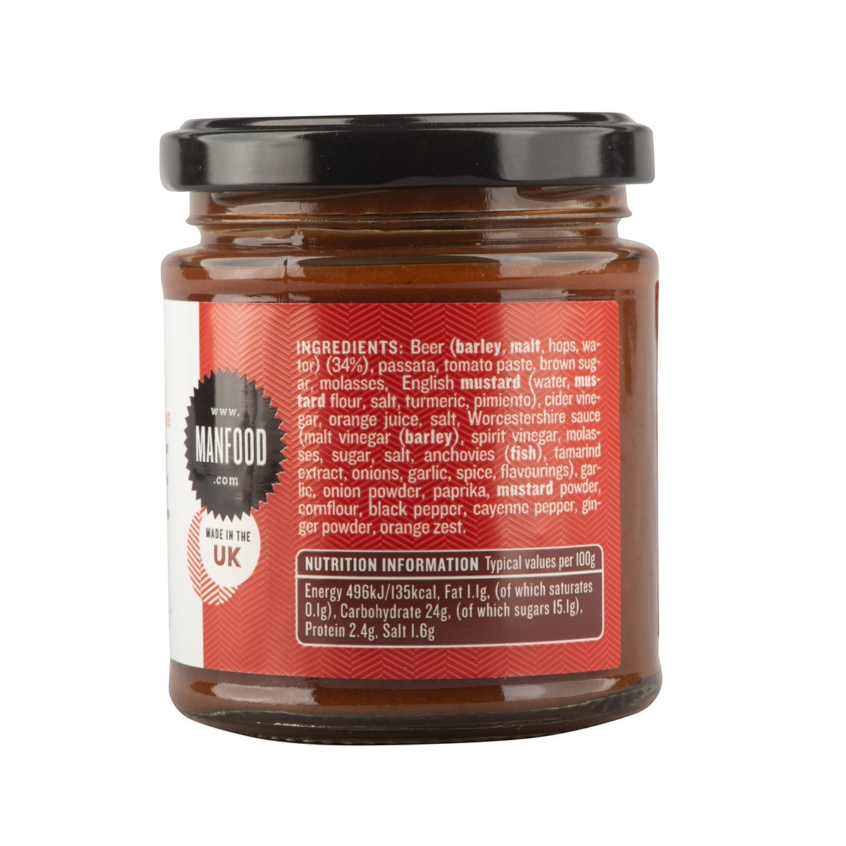 Manfood Beer Barbecue Sauce bottle with label featuring bold text and images of barbecue and beer ingredients.