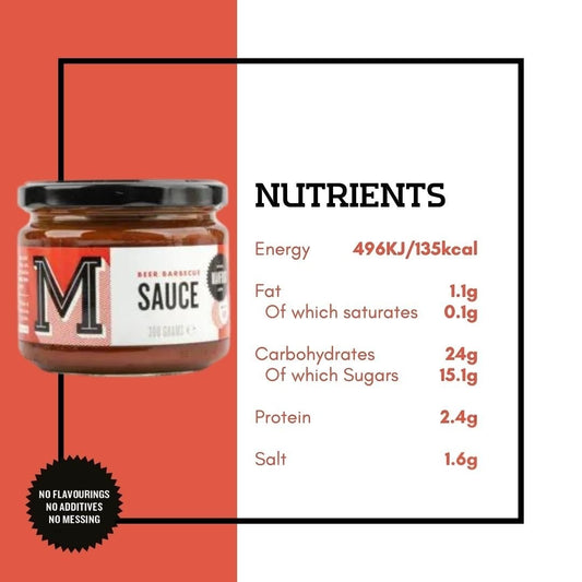 Manfood Beer Barbecue Sauce bottle with label, showcasing rich, smoky sauce ideal for grilling and marinades.