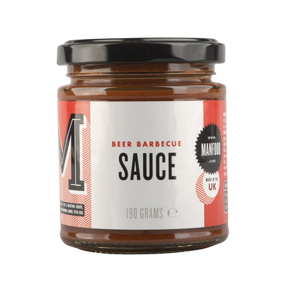 Manfood Beer Barbecue Sauce in a 190g glass jar with a white label and black lid for grilling and marinating.