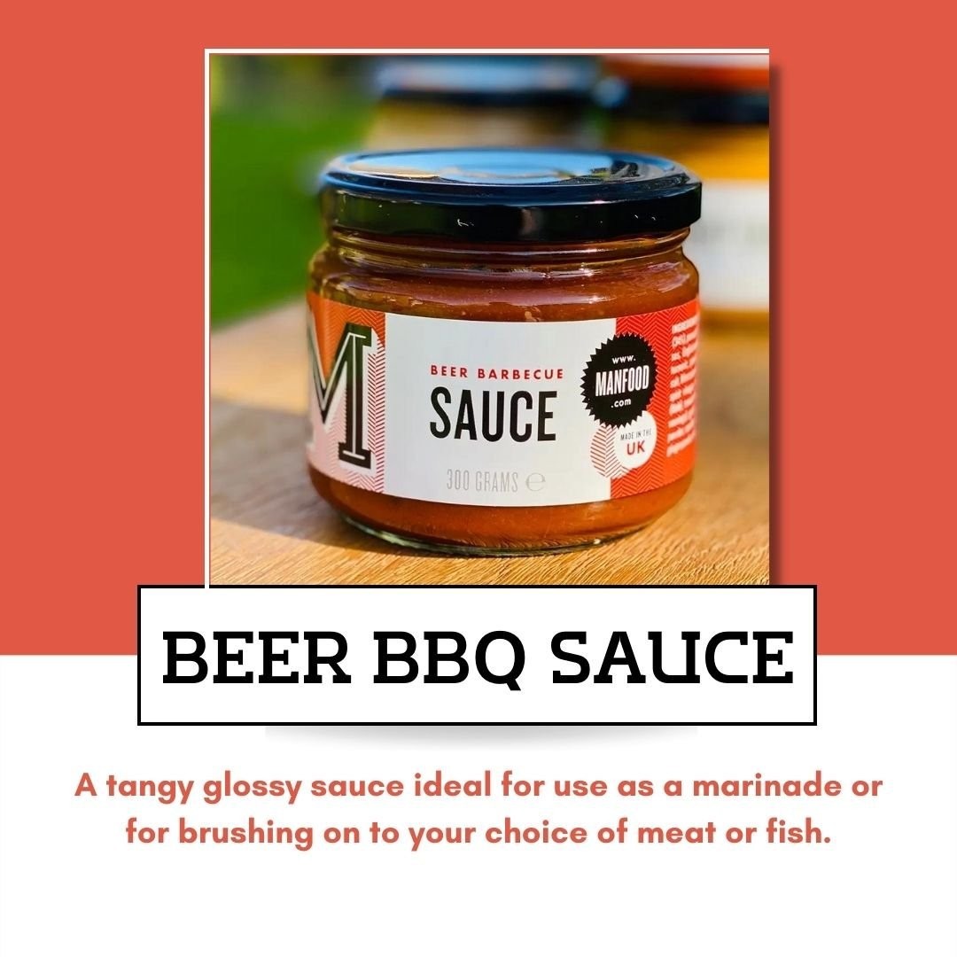 Manfood Beer Barbecue Sauce bottle with label, showcasing the rich, flavorful sauce in a clear glass jar.