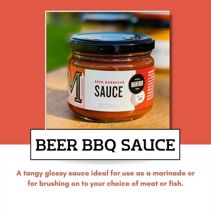 Manfood Beer Barbecue Sauce bottle with label, showcasing the rich, flavorful sauce in a clear glass jar.
