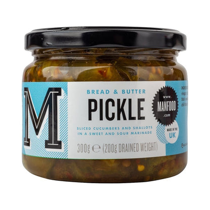 Jar of Manfood bread and butter pickles with sliced pickles visible inside, showcasing their golden color and texture.