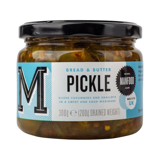 Jar of Manfood bread and butter pickles with sliced pickles visible inside, showcasing their golden color and texture.
