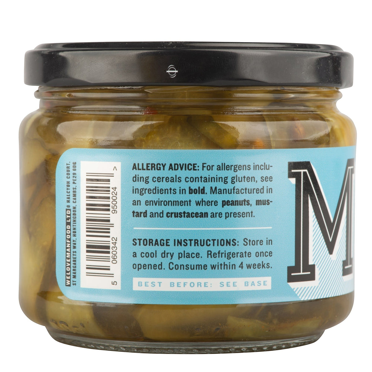 Jar of Manfood bread and butter pickles with sliced cucumbers and spices inside, ready for snacking or sandwiches.