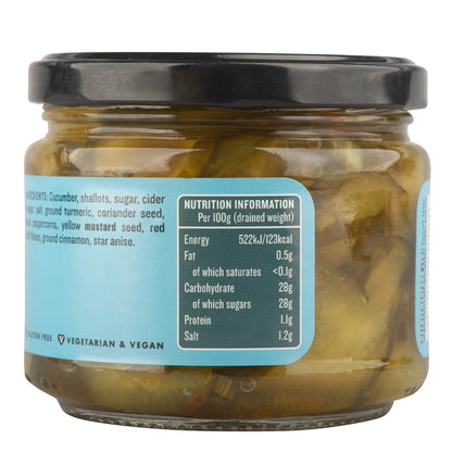 Jar of Manfood bread and butter pickles with sliced pickles visible, showcasing the classic golden-brown color and textured slices.
