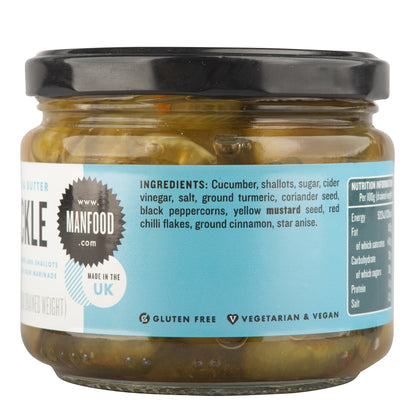 Jar of Manfood bread and butter pickles with sliced pickles visible inside the glass jar.