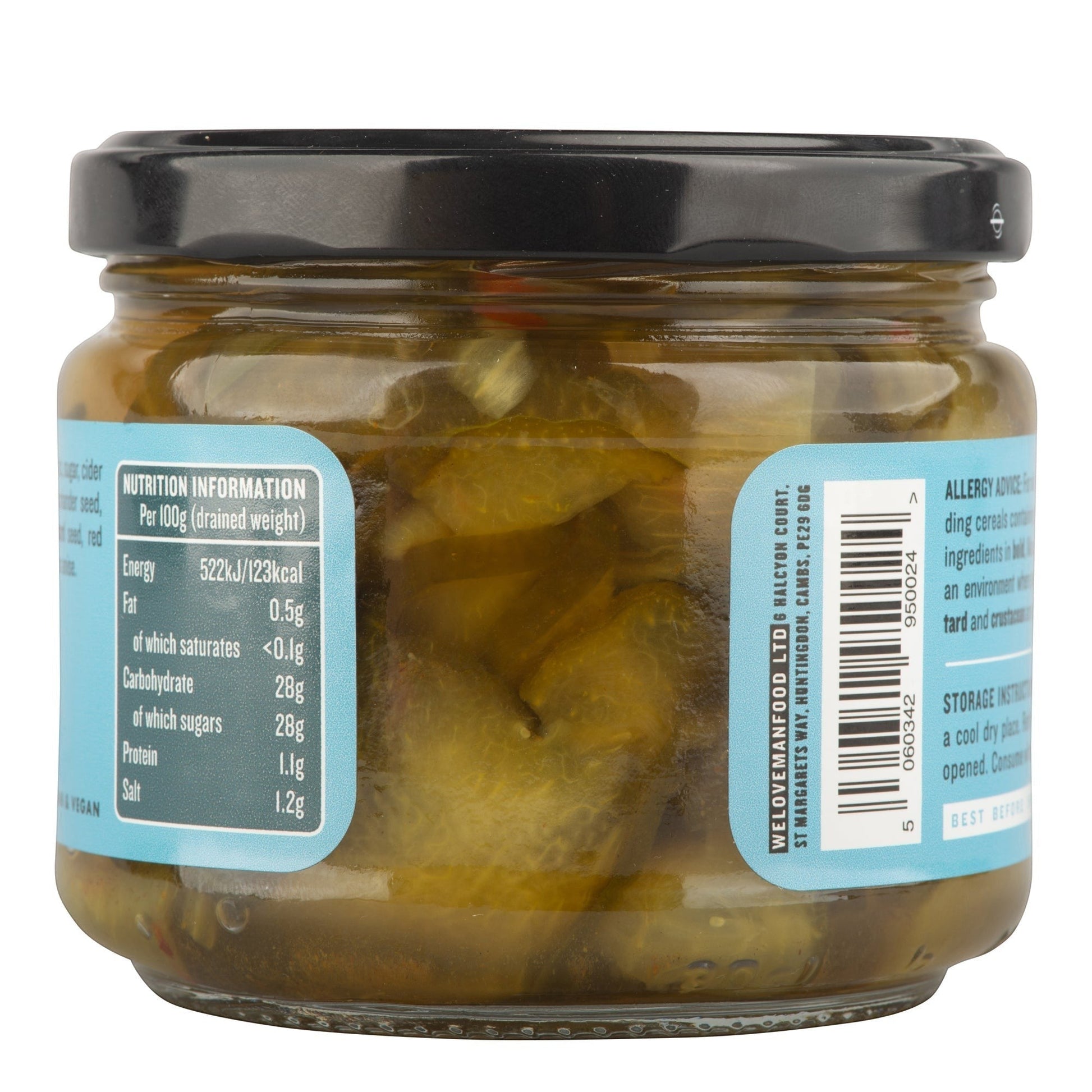 Manfood bread and butter pickles jar with sliced pickles visible, showcasing their golden color and texture in a glass jar.