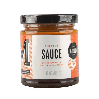 Manfood Buffalo Sauce in a 190g glass jar with a black lid, featuring a white and orange label.