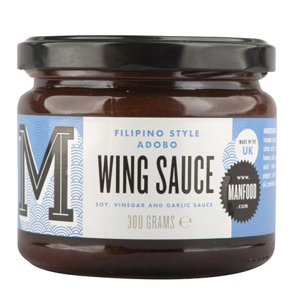 Manfood Asian-inspired sauce gift box featuring Cambs Adobo Wing Sauce in a decorative gift packaging.