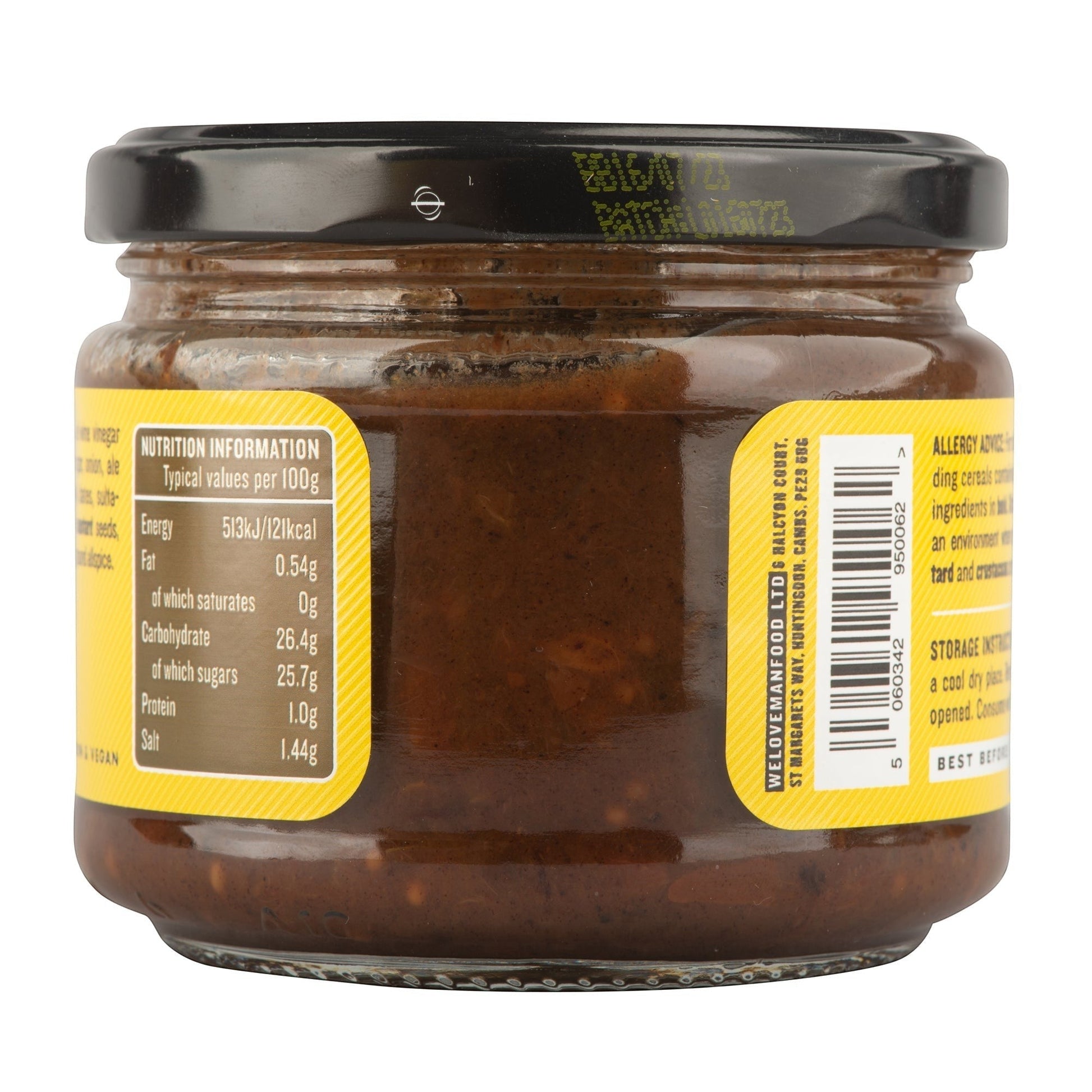 Jar of Manfood Traditional Ale Chutney with a label, showcasing a rich, dark chutney inside a glass jar.