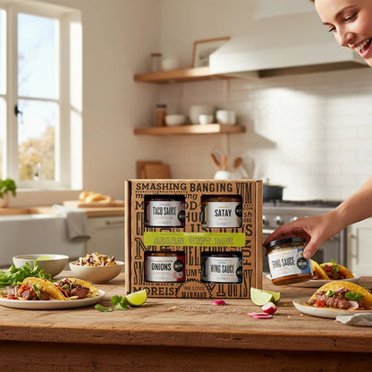Manfood Asian-inspired sauce gift box collection featuring a variety of flavorful sauces in a decorative gift box.