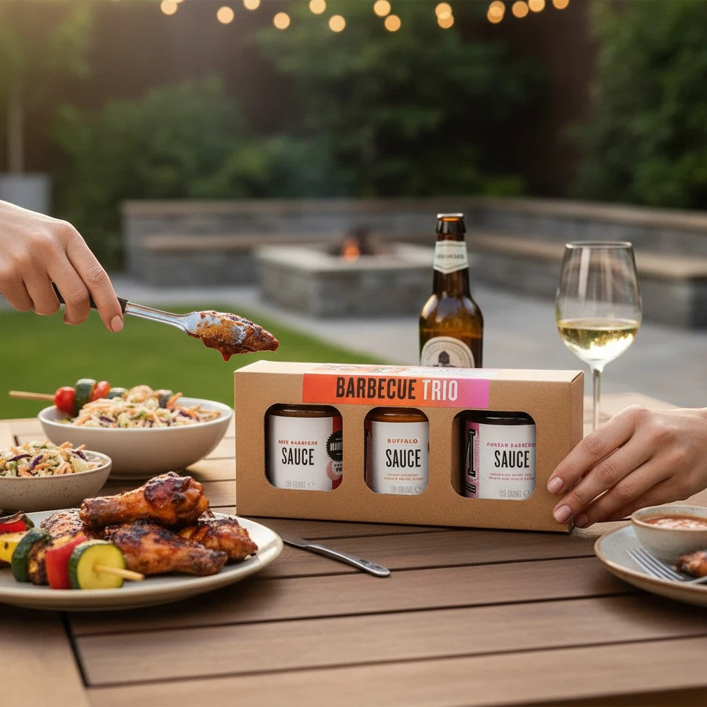 Manfood Cambs Barbecue Sauce Trio gift set featuring beer, buffalo, and Korean sauces on an outdoor dining table.