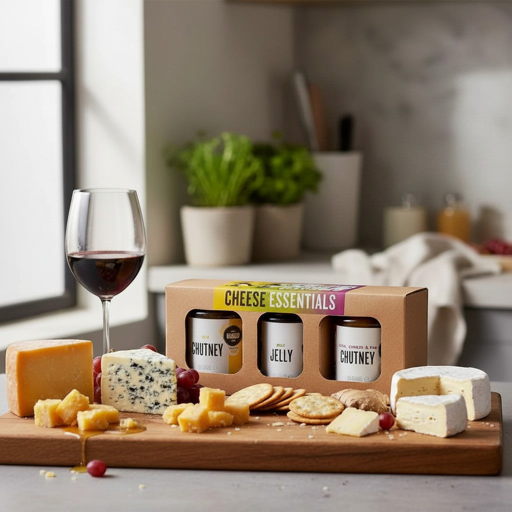 Manfood Cheese Essentials gift box with chutney and jelly jars, perfect for cheese pairings and culinary gifting.